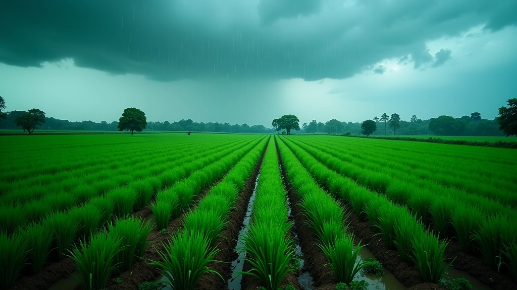 Agricultural field during monsoon season with rain, crops in various growth stages, overcast sky with dark clouds